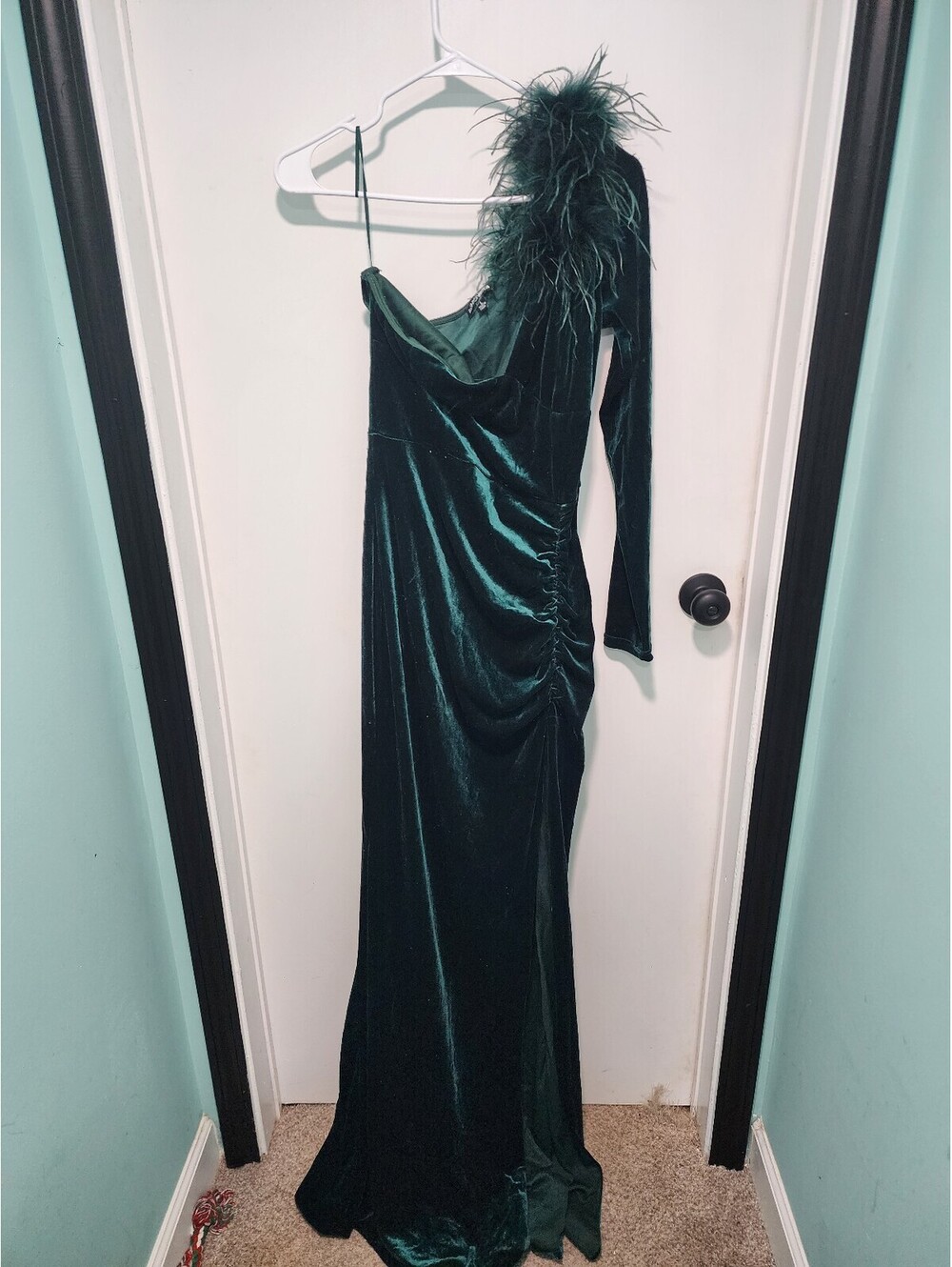 Emerald Green Velvet One-Shoulder Gown with Feather Detail